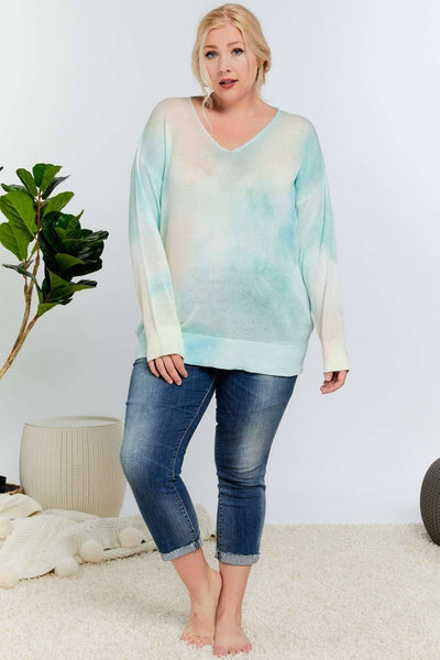 PLUS TIE DYE ACCENT V-NECK PULLOVER SWEATER TOP: Light Blue