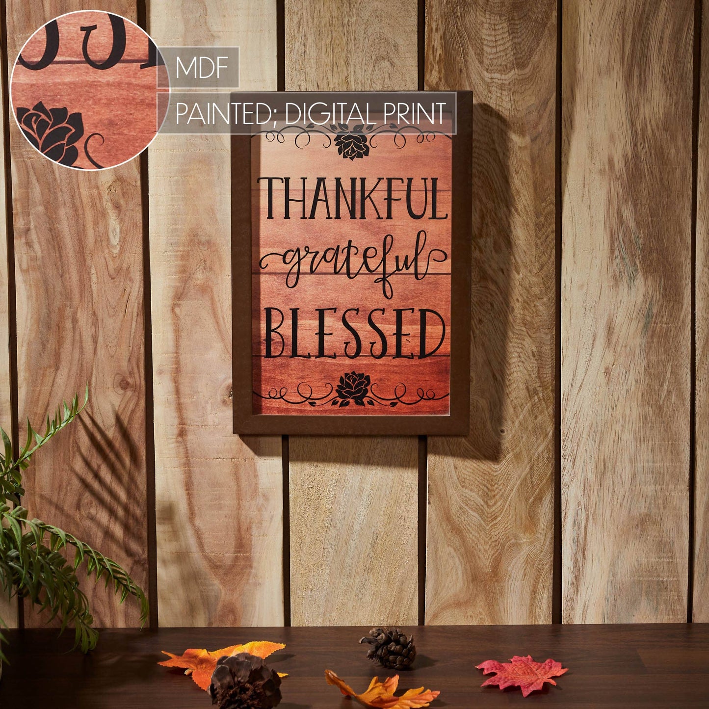 Natural Shiplap Farmhouse Wall Sign - Thankful Grateful Blessed Inspirational Home Decor 13x9 Inch