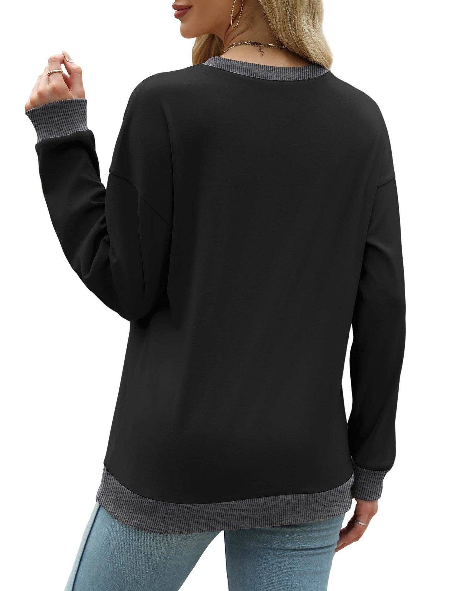 Colorblock Crewneck Pullover Sweatshirt for Women: Black