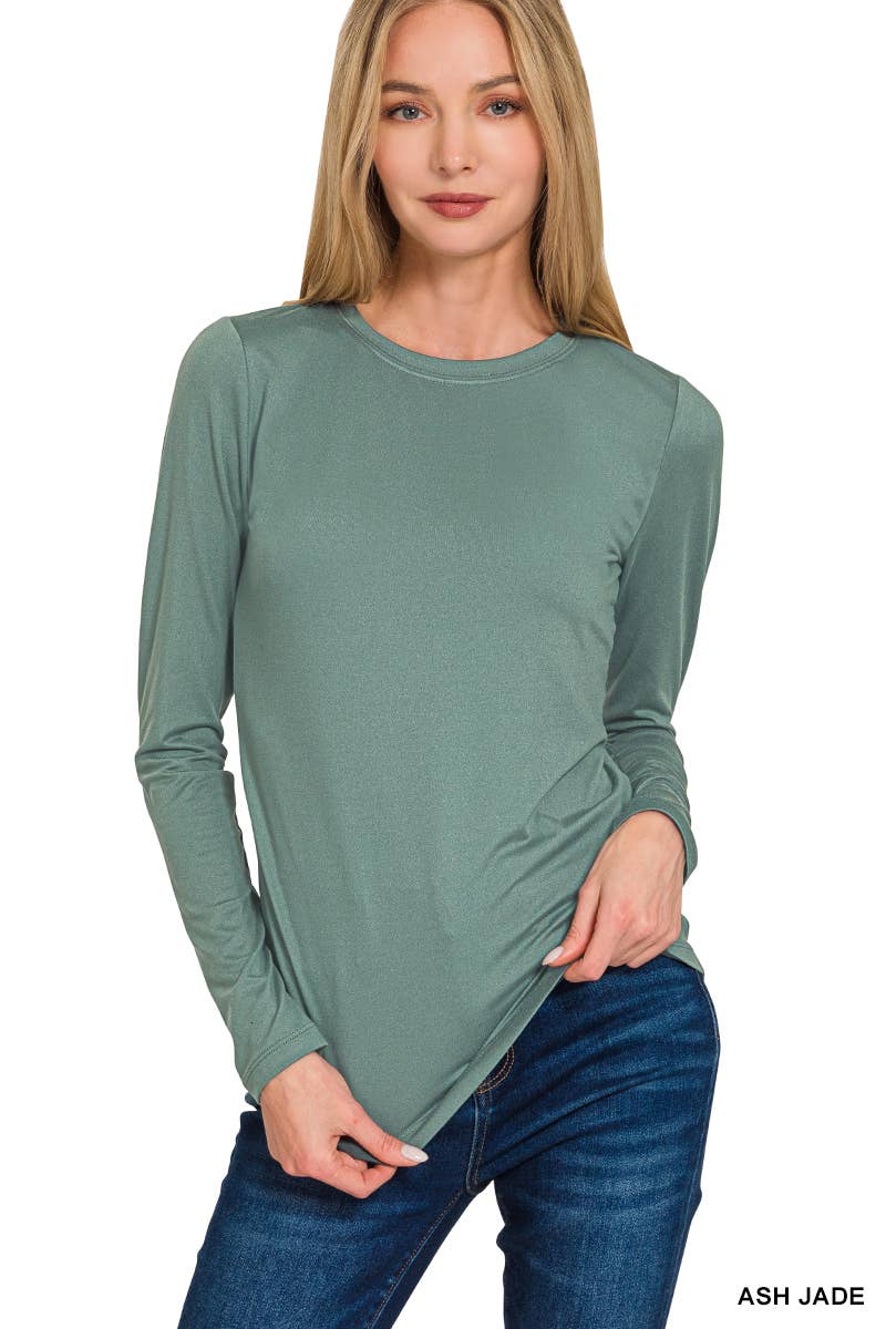 Brushed Microfiber Long Sleeve Round Neck Tee: ASH JADE