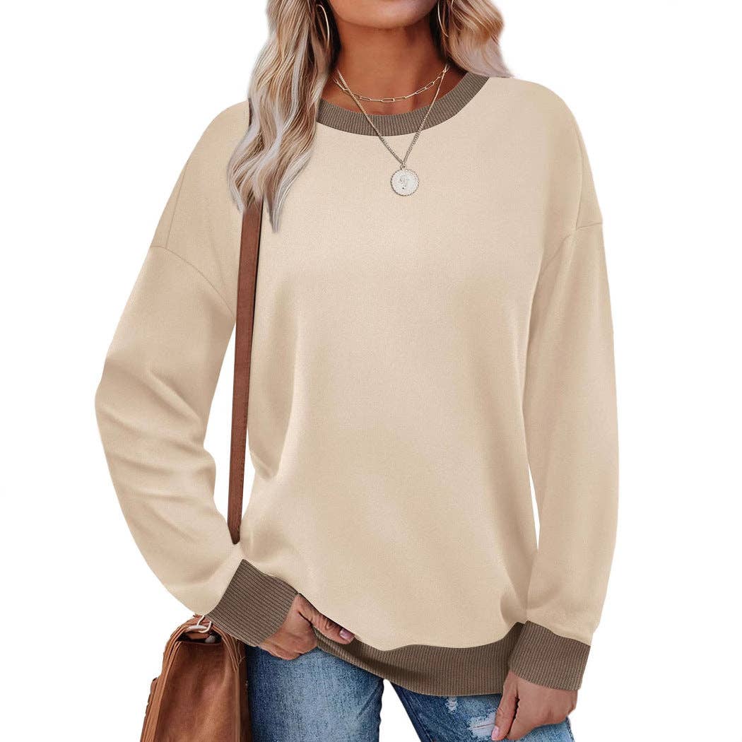 Colorblock Crewneck Pullover Sweatshirt for Women: Apricot