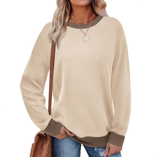 Colorblock Crewneck Pullover Sweatshirt for Women: Apricot