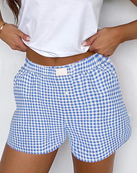 Plaid Gingham Printed High Waist Shorts: Blue