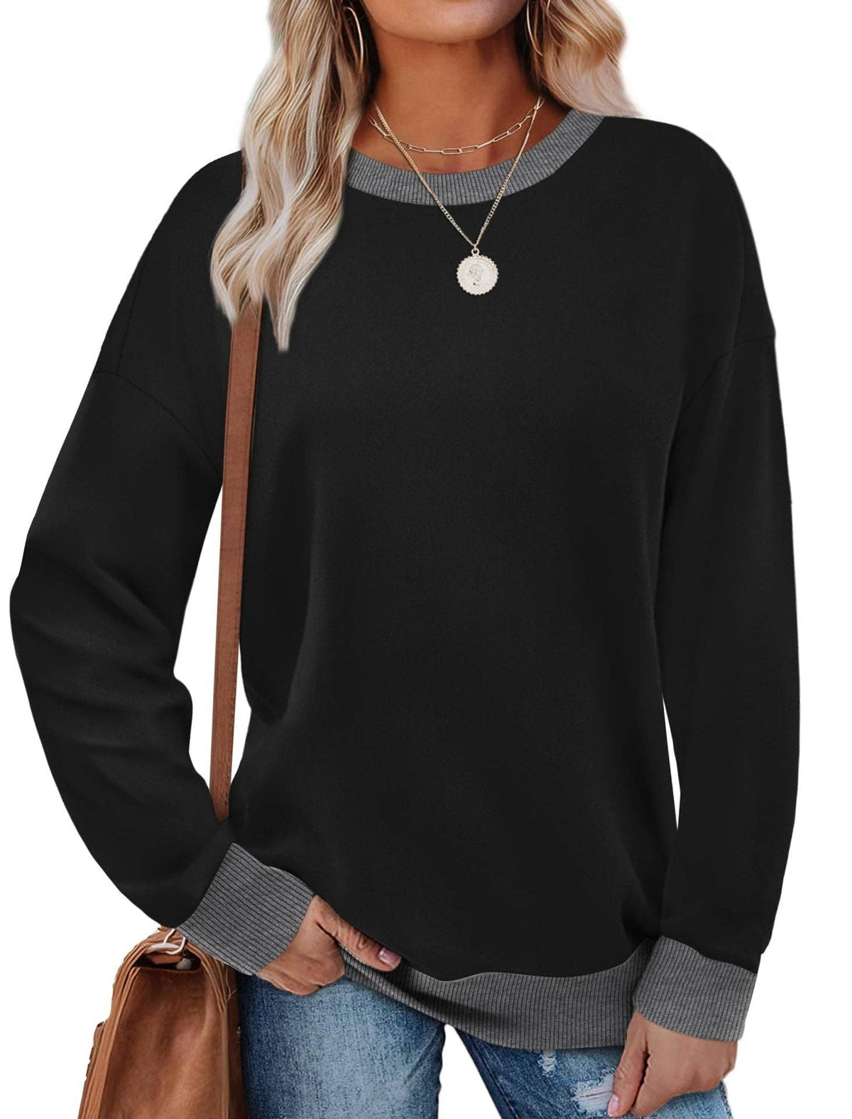 Colorblock Crewneck Pullover Sweatshirt for Women: Black