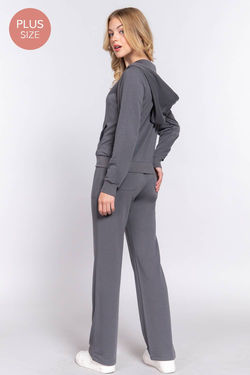 [PLUS SIZE] Long Slv Hoodie Jacket & Pants Sweatsuit Set  : IVY-cream