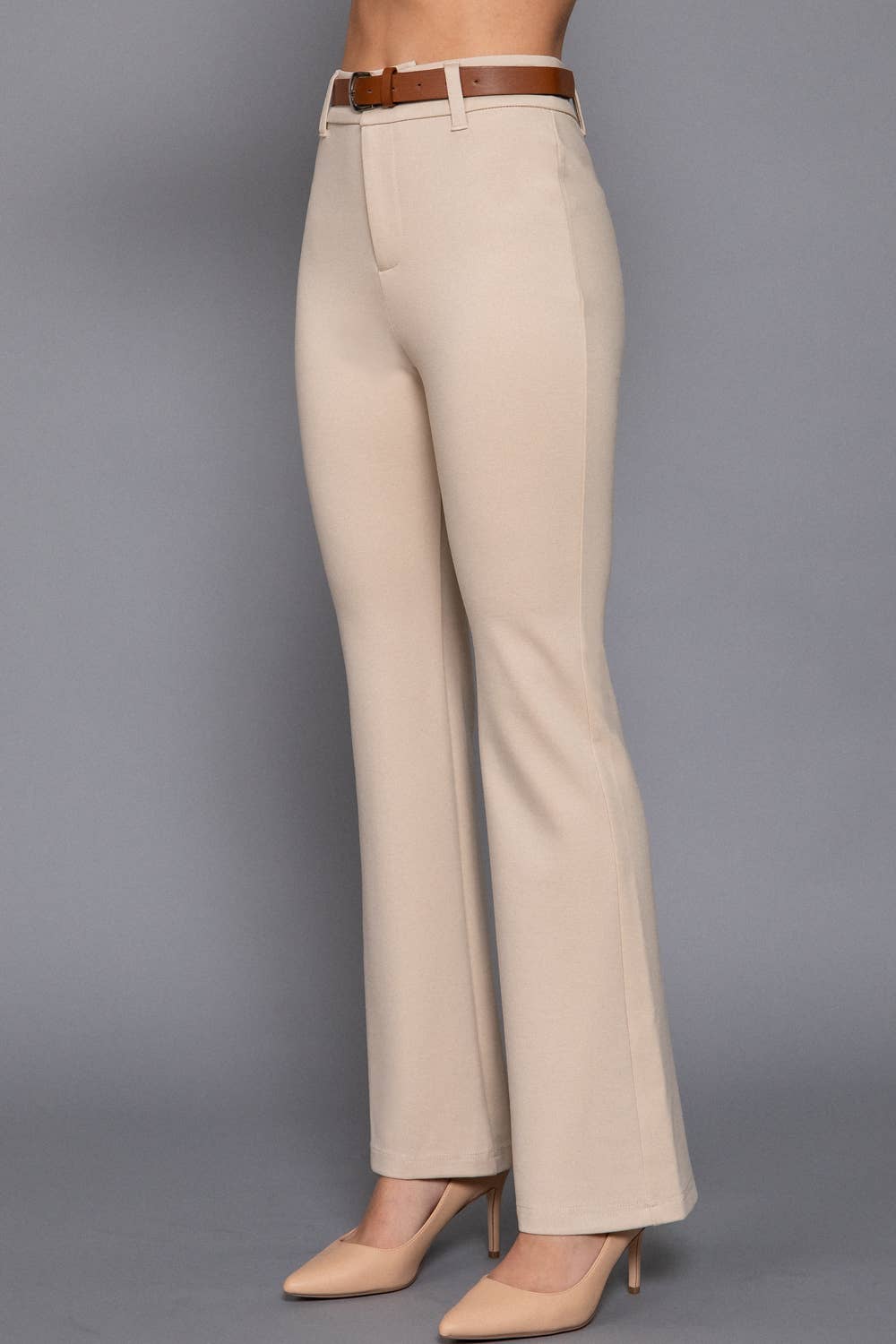 Semi Flare Ponte Pants with Leather Belt: BLK-black / L