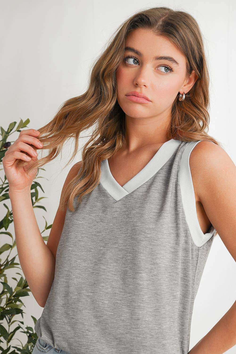 Casual  Solid V Neck Ribbed V Neck Tank Top | S-XL: Gray