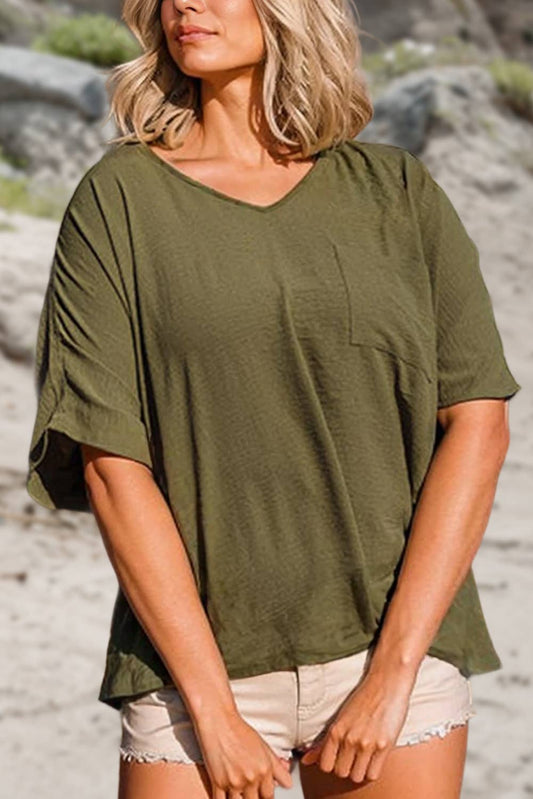 Textured T Shirt with Chest Pocket | Plus Size 1X-4X: Pink