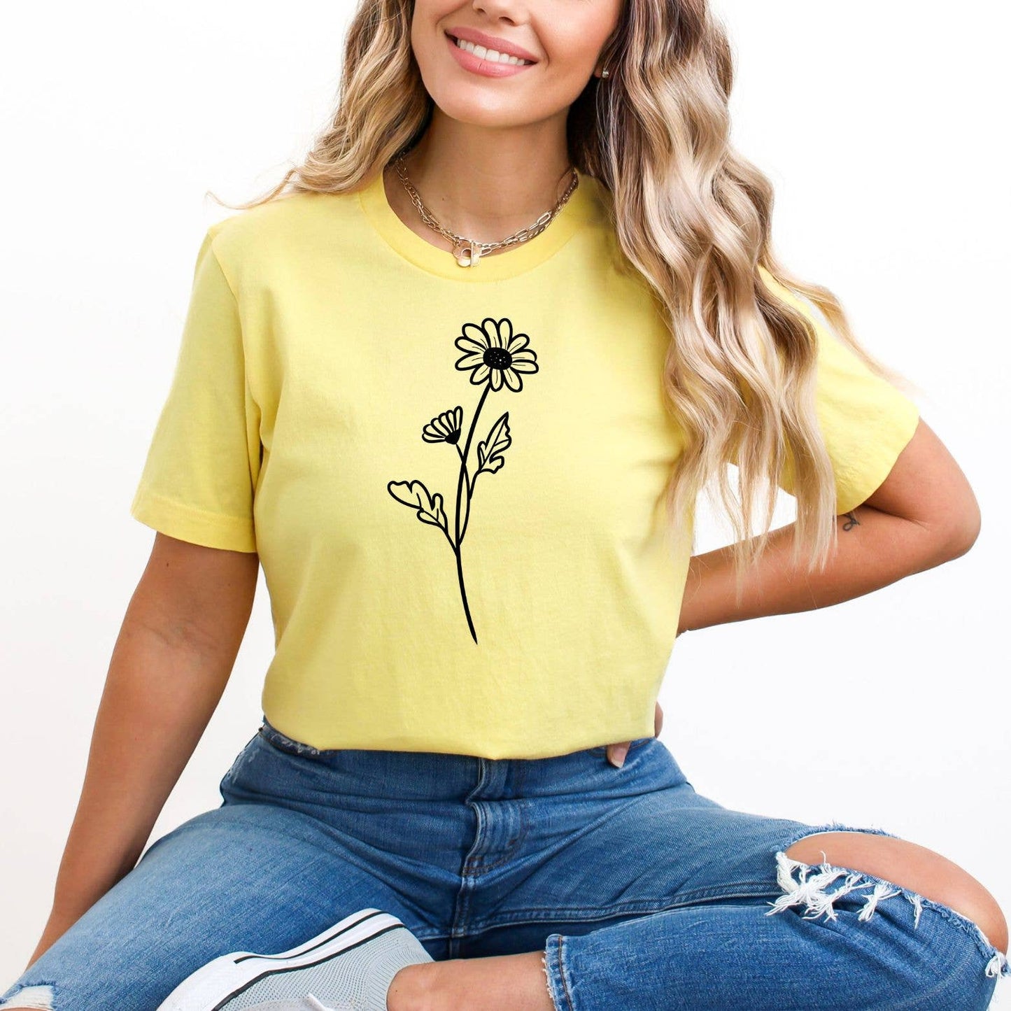 Simple Flower Yellow Tee Black Ink: Adult XSmall-2XL