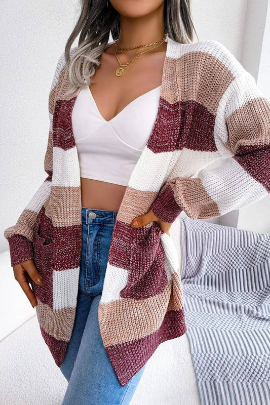 WOMEN COLOR BLOCK OPEN FRONT KNIT CARDIGAN: WINE