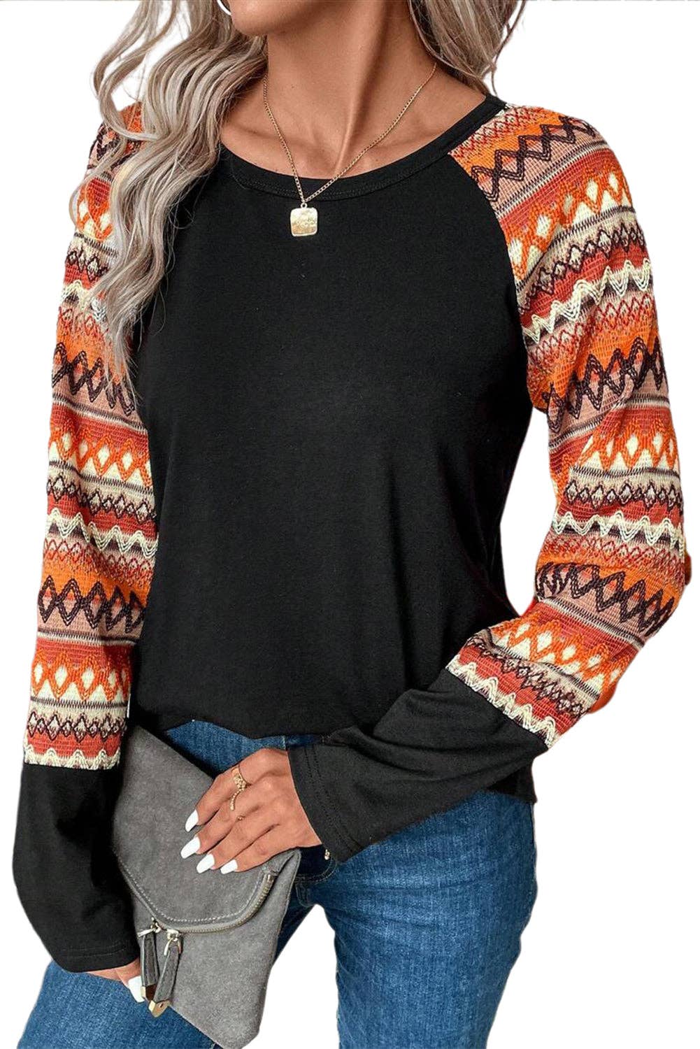 Orange Geo Print Raglan Patchwork Long Sleeve Tee: Orange / 65%Polyester+30%Viscose+5%Elastane / L