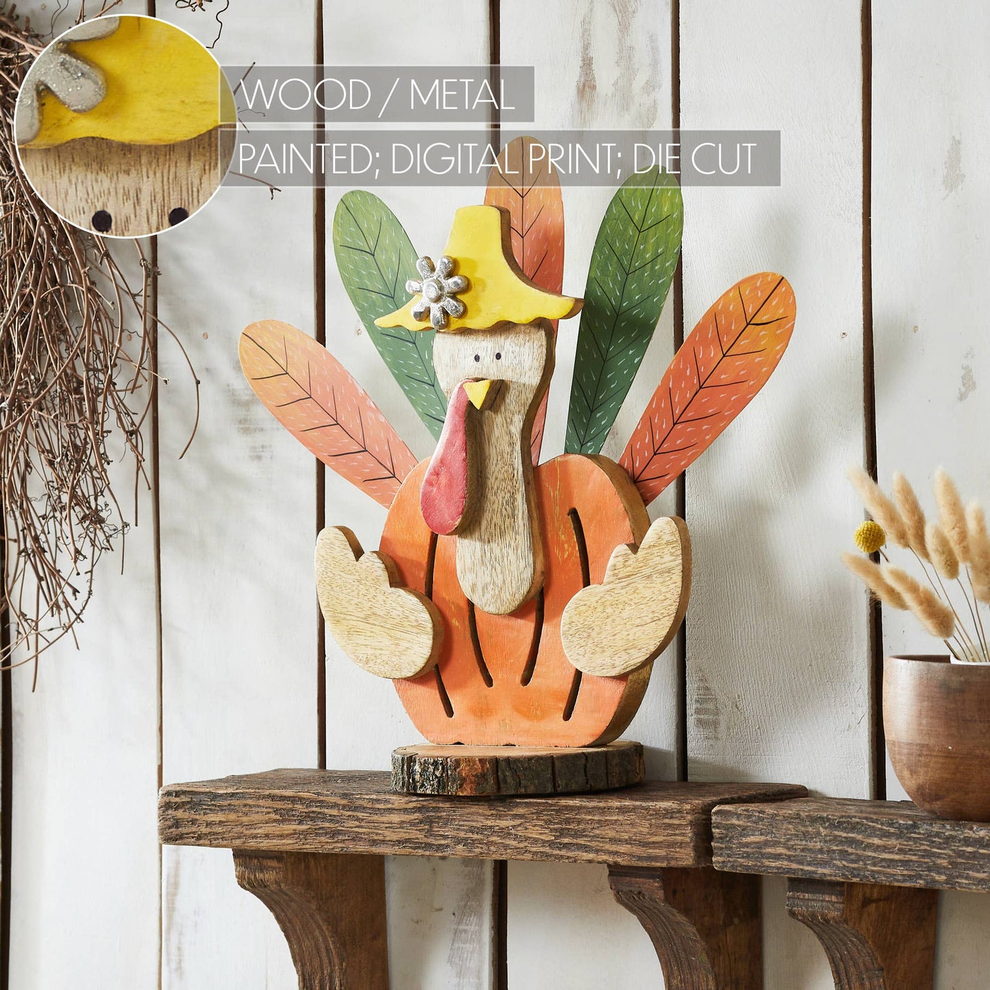 Whimsical Rustic Wooden Turkey Figurine - Fall Thanksgiving Tabletop Home Decor
