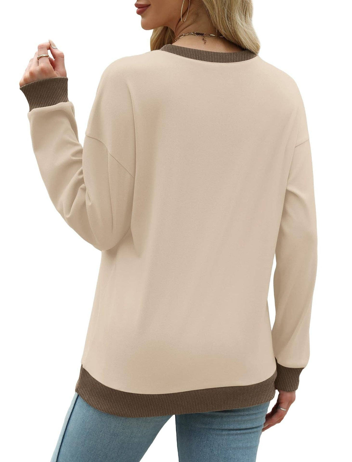 Colorblock Crewneck Pullover Sweatshirt for Women: Apricot