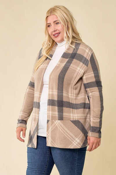 LMT2629PL-PLUS SIZE Hot Chocolate and Bon fired Plaid Cardi: TAUPE