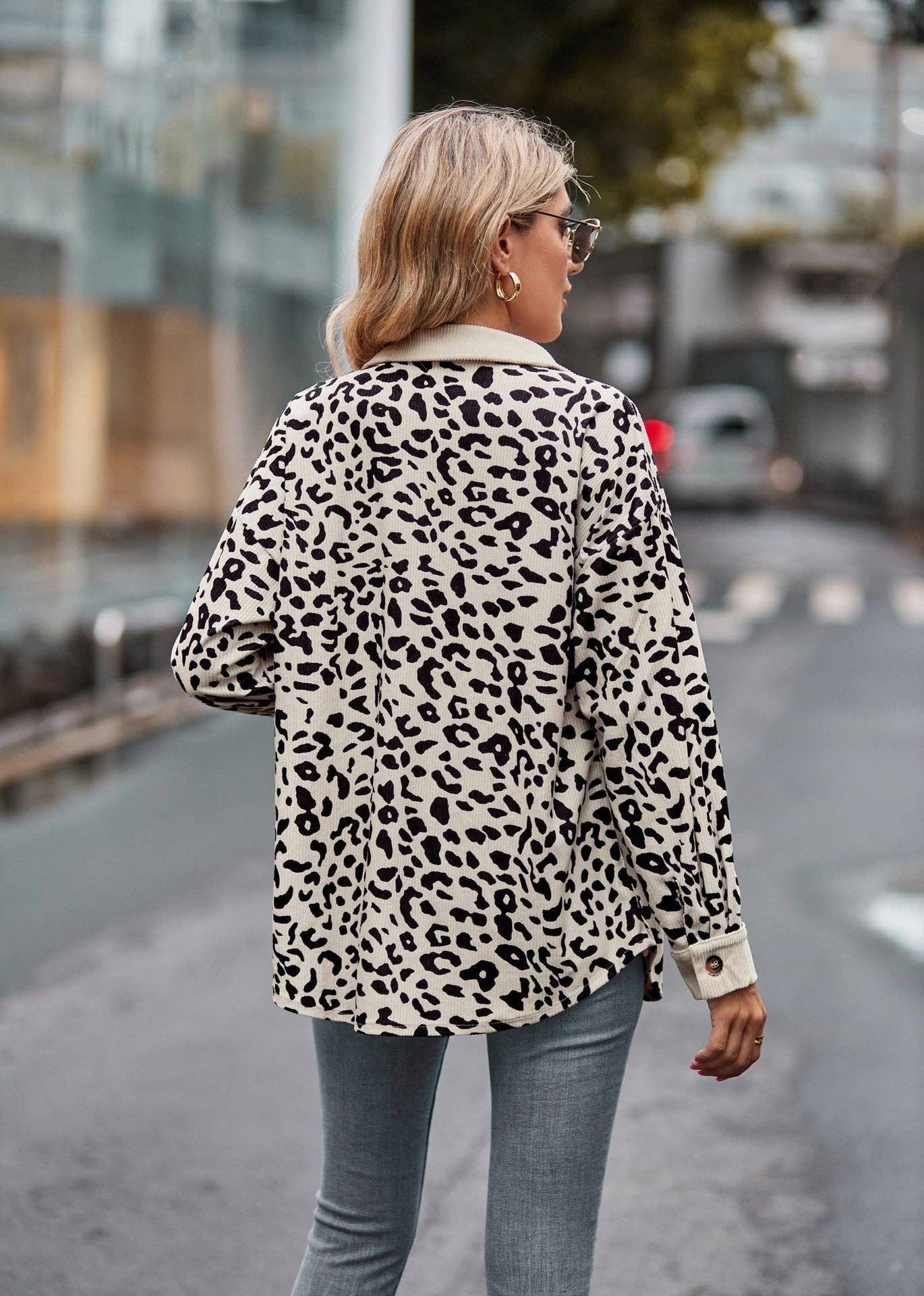 Leopard Corduroy Shirt Jacket - Button Down Oversized Fit
