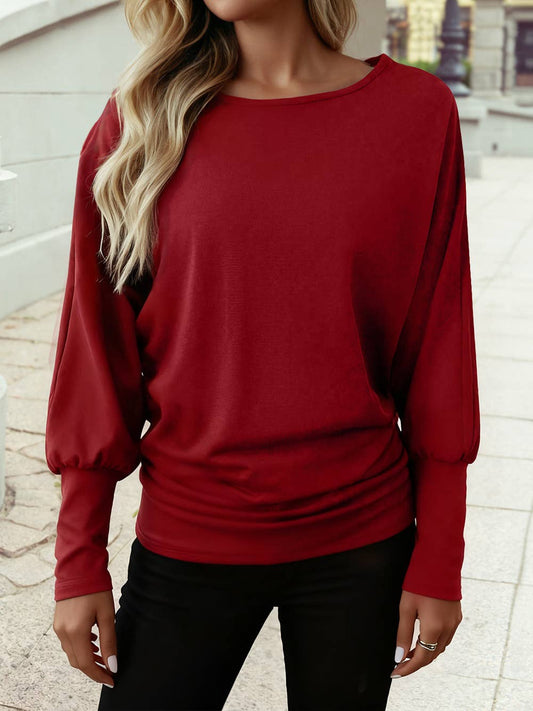 Solid Color Extended Cuffs Long Sleeve Top: Red Dahlia