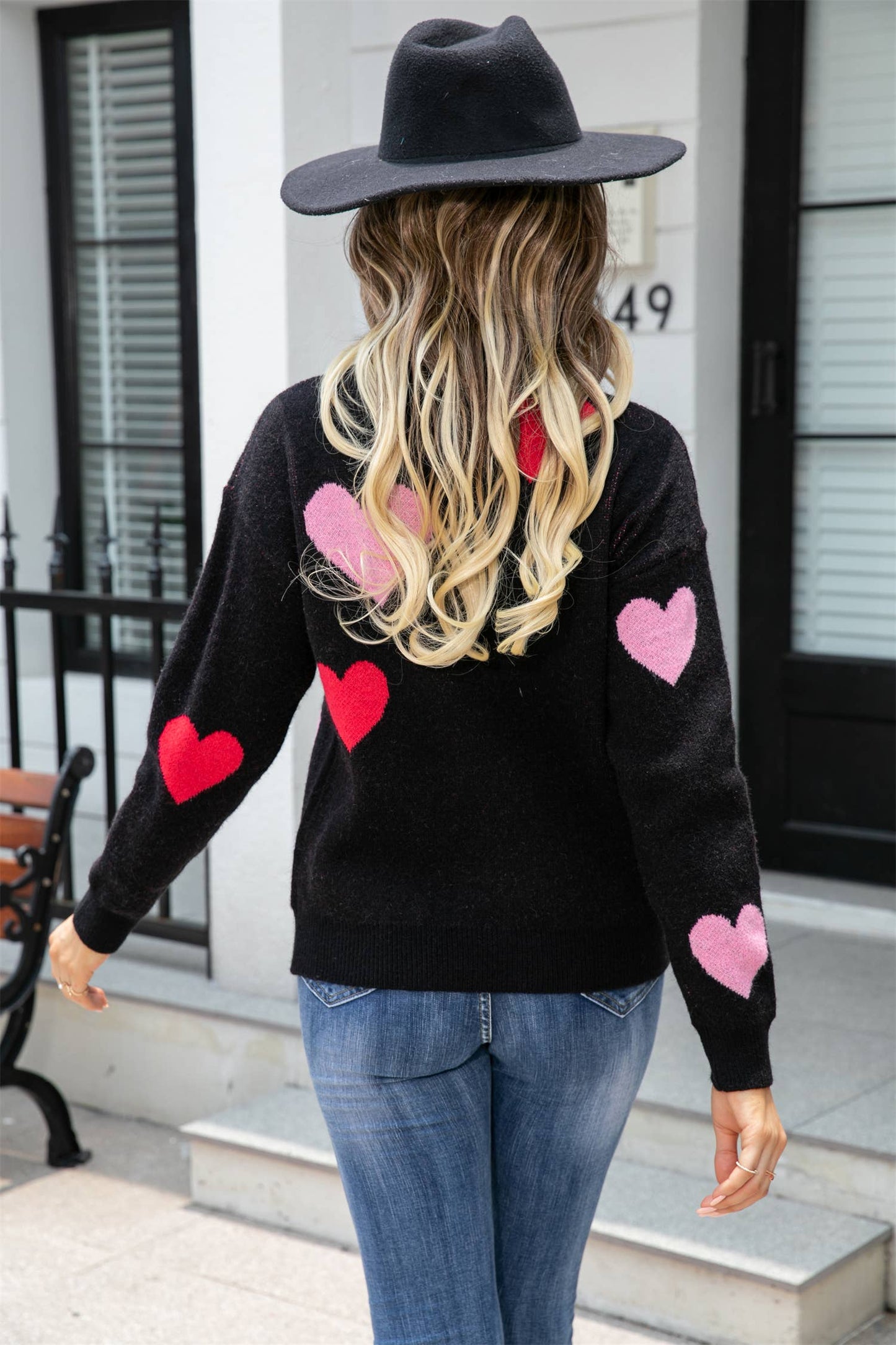 Heart Print Knit Sweater SZ53-SW9206: Black
