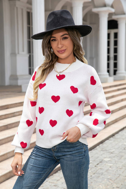 Heart Print Knit Sweater SZ53-SW9208: White