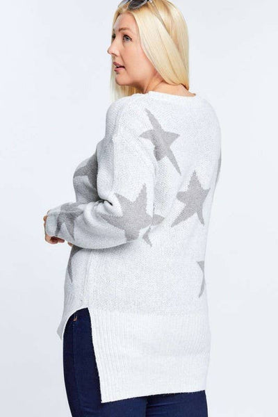 PLUS STAR PRINT LONG SLEEVE ROUND NECK SWEATER: Grey