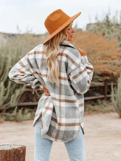 Light Gray Plaid Button Flannel Shirt Jacket