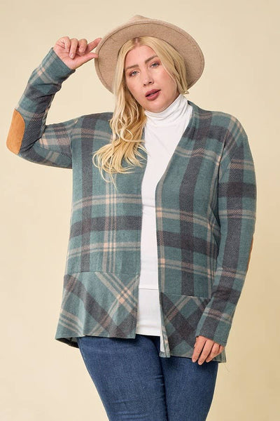 LMT2629PL-PLUS SIZE Hot Chocolate and Bon fired Plaid Cardi: TAUPE