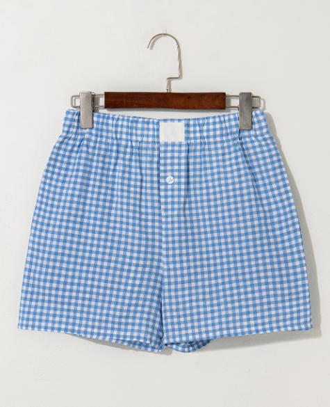Plaid Gingham Printed High Waist Shorts: Blue