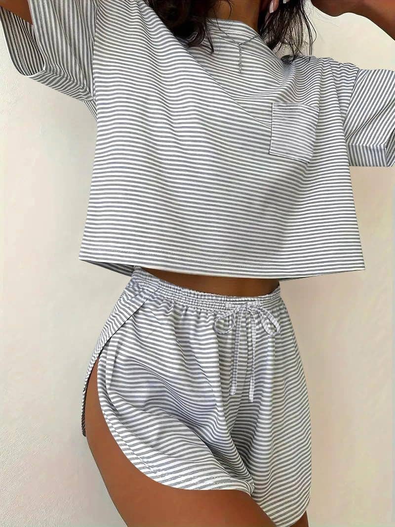 Pink Stripe Lounge Pajama Set Tee Top Drawstring Shorts: Light Gray