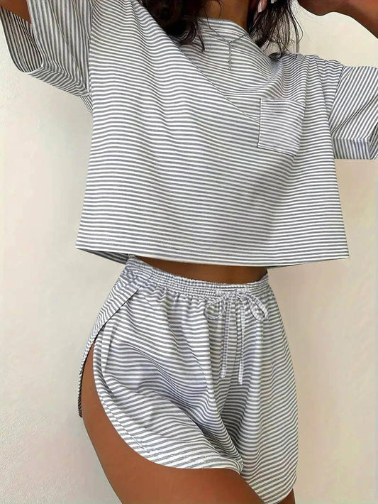Pink Stripe Lounge Pajama Set Tee Top Drawstring Shorts: Light Gray
