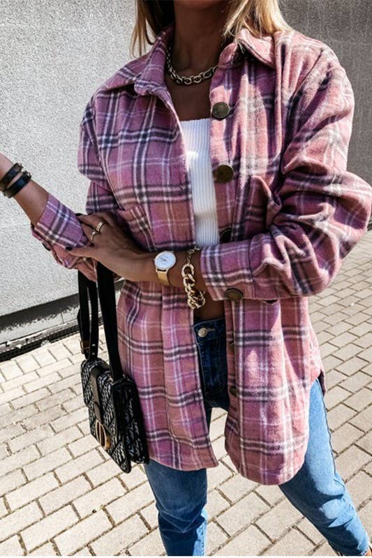 CWOJA0368_LOOSE FIT PLAID BIG BUTTONED SHIRTS JACKET: Pink
