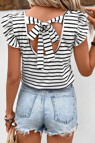 Stripe Butterfly Sleeve V-Neck T-Shirt: White Stripe