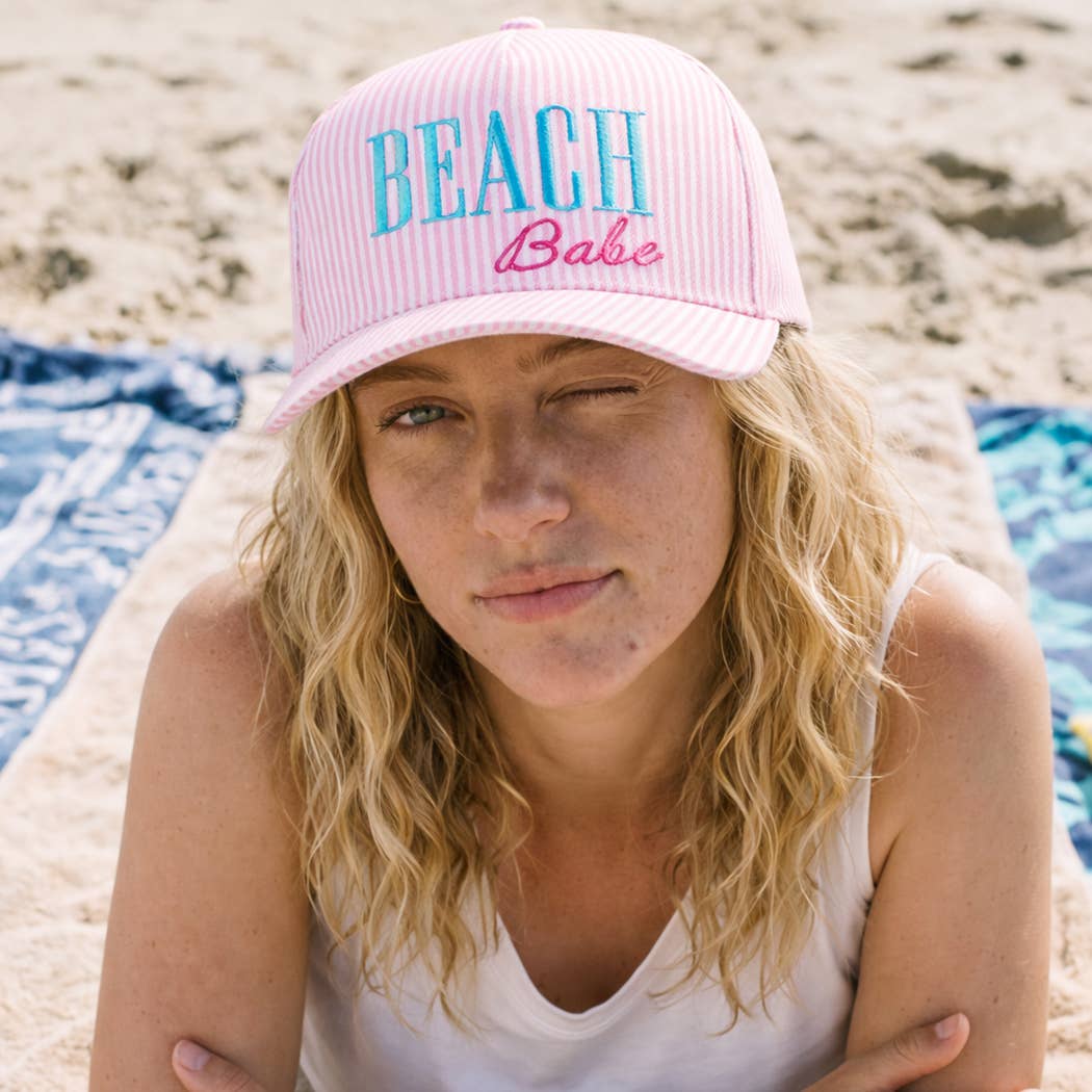 BEACH BABE Embroidered Seersucker Stripe Trucker Hat: PINK