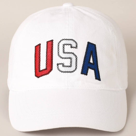 USA Embroidered Adjustable Baseball Cap Hat: WHITE / ONE SIZE