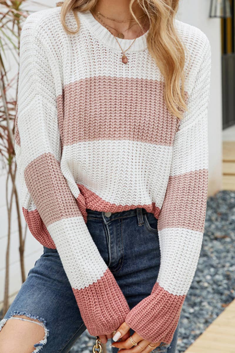 WOMEN CROCHET FISHERMAN KNITTED LOOSE SWEATER Pink