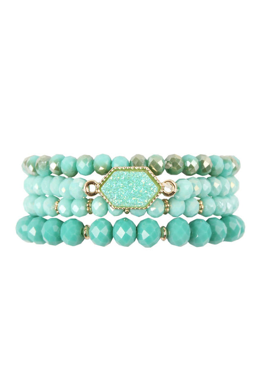 DRUZY STONE HEXAGON GLASS BEADS BRACELET: TUQUOISE