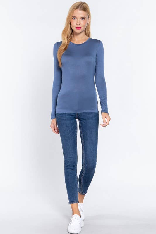 Long Sleeve Crew Neck Top Rayon Spandex Jersey Top: Blue