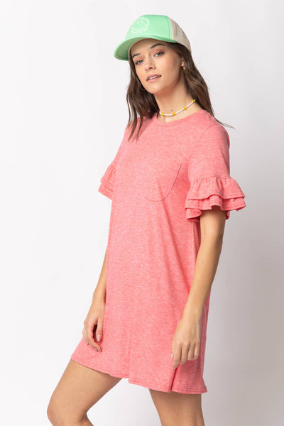 ND30255-French Terry Pocket Tee Shirt Dress: CORAL