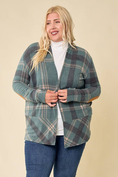 LMT2629PL-PLUS SIZE Hot Chocolate and Bon fired Plaid Cardi: TAUPE