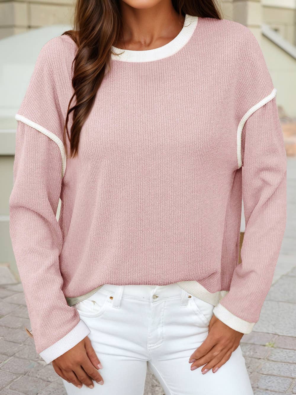 Contrast Color Trim Drop Shoulder Loose Top: Light Pink