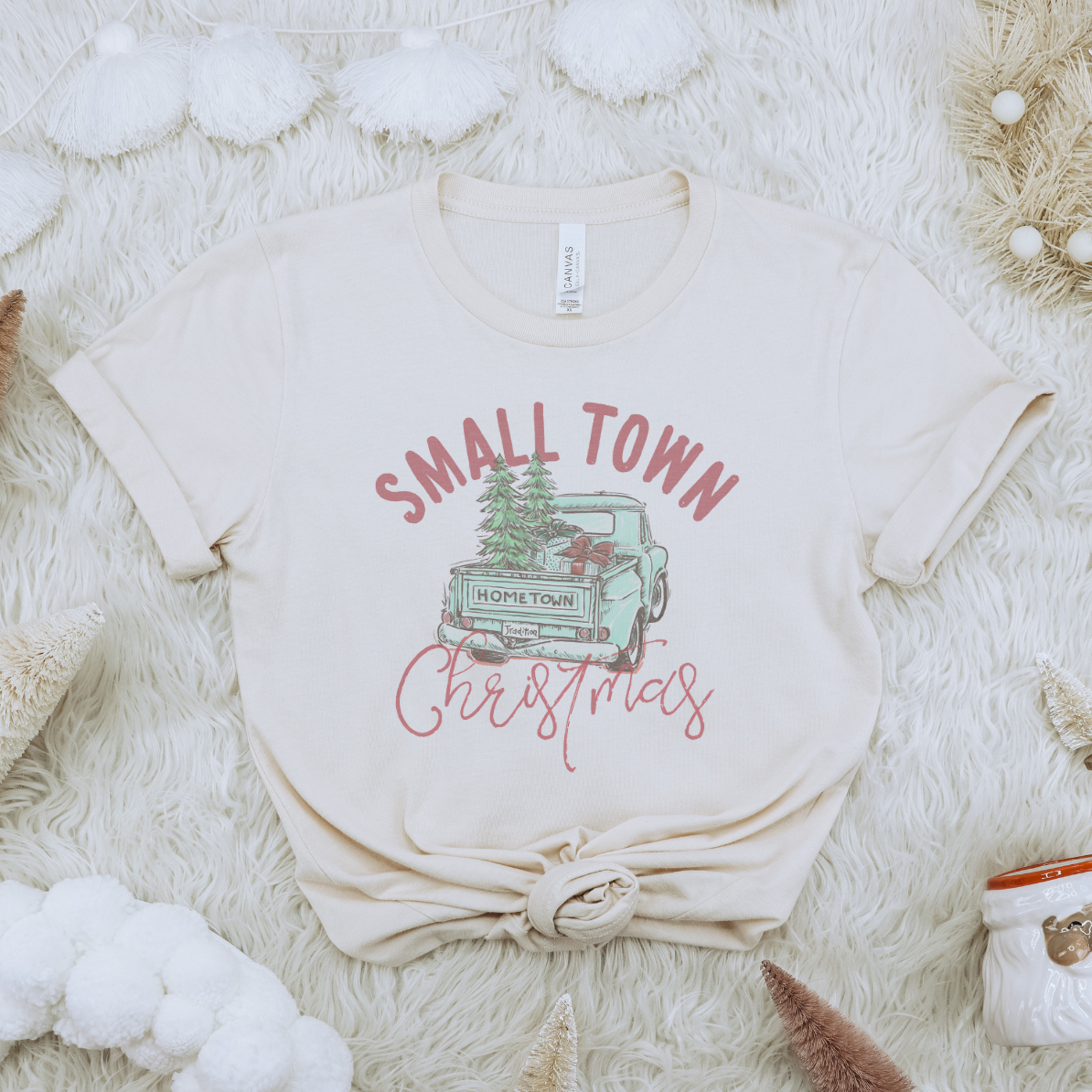 Small Town Christmas Vintage Graphic T-Shirt: Heather White