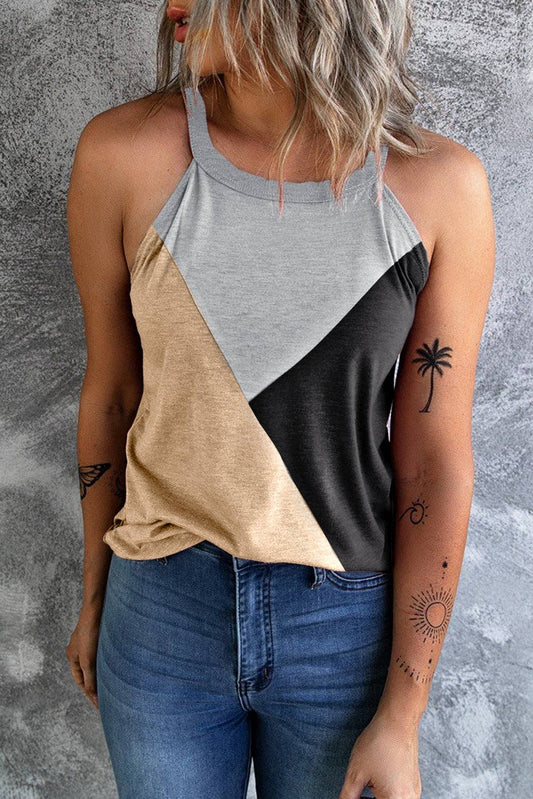 Geometric Colorblock Sleeveless Top: Light French Beige