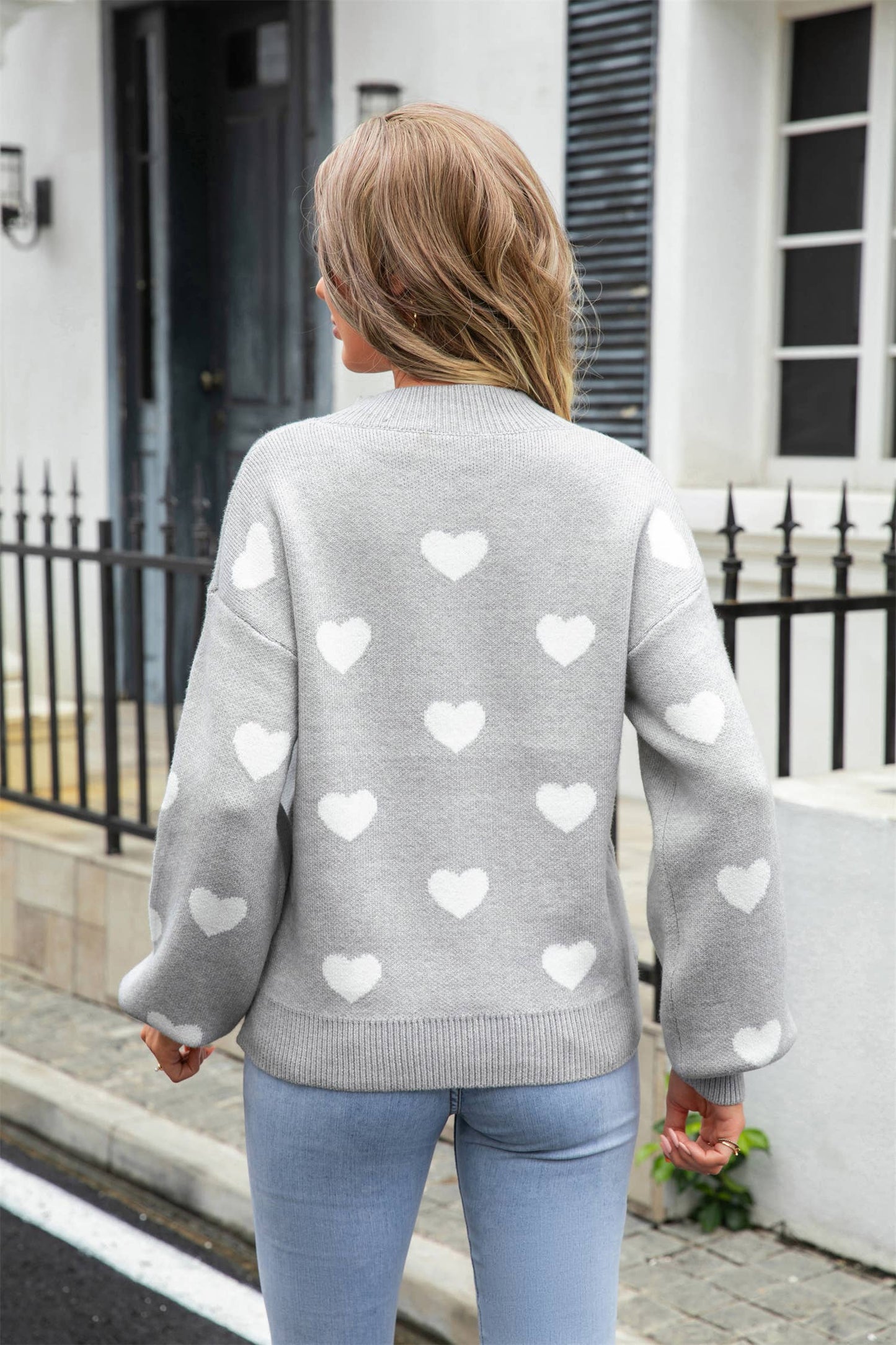 Heart Print Knit Sweater SZ53-SW9208: White