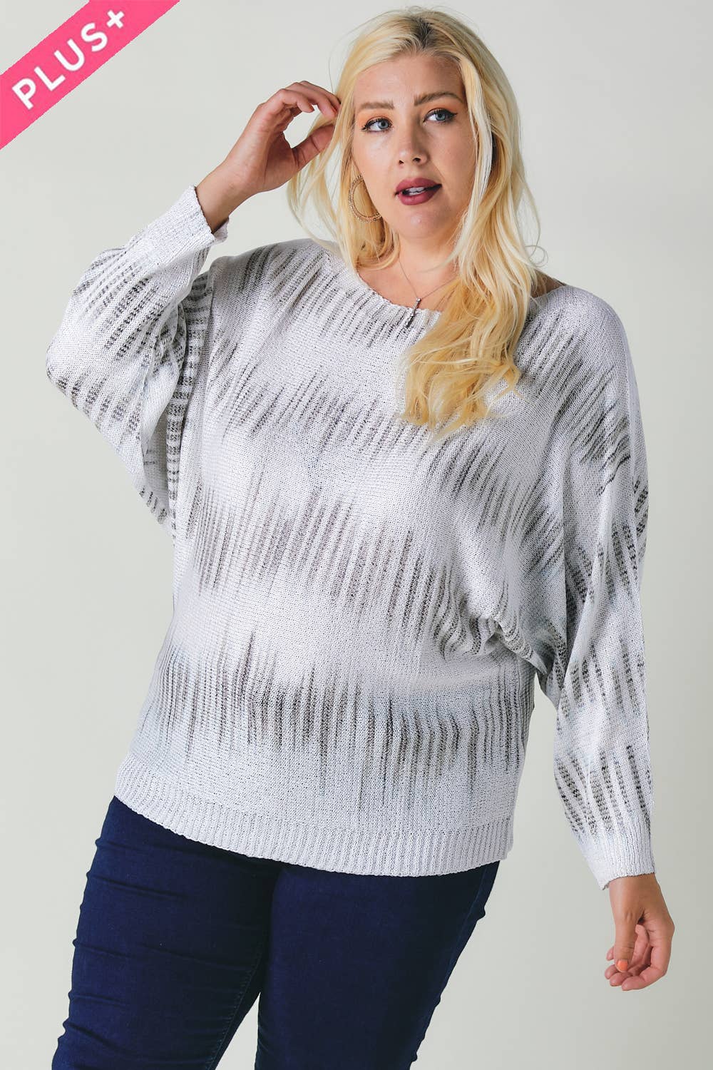 PLUS TIE DYE CREW NECK LONG SLEEVE SWEATER TOP: BEIGE/WHITE