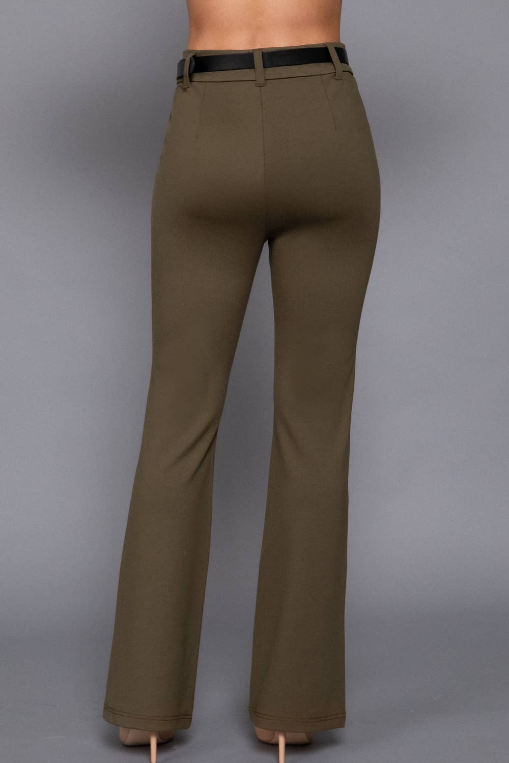 Semi Flare Ponte Pants with Leather Belt: BLK-black / L