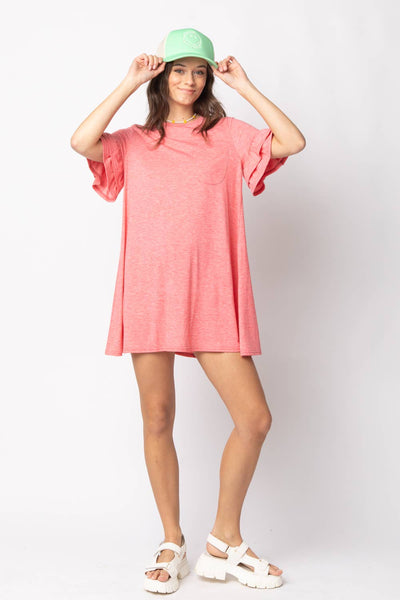 ND30255-French Terry Pocket Tee Shirt Dress: CORAL