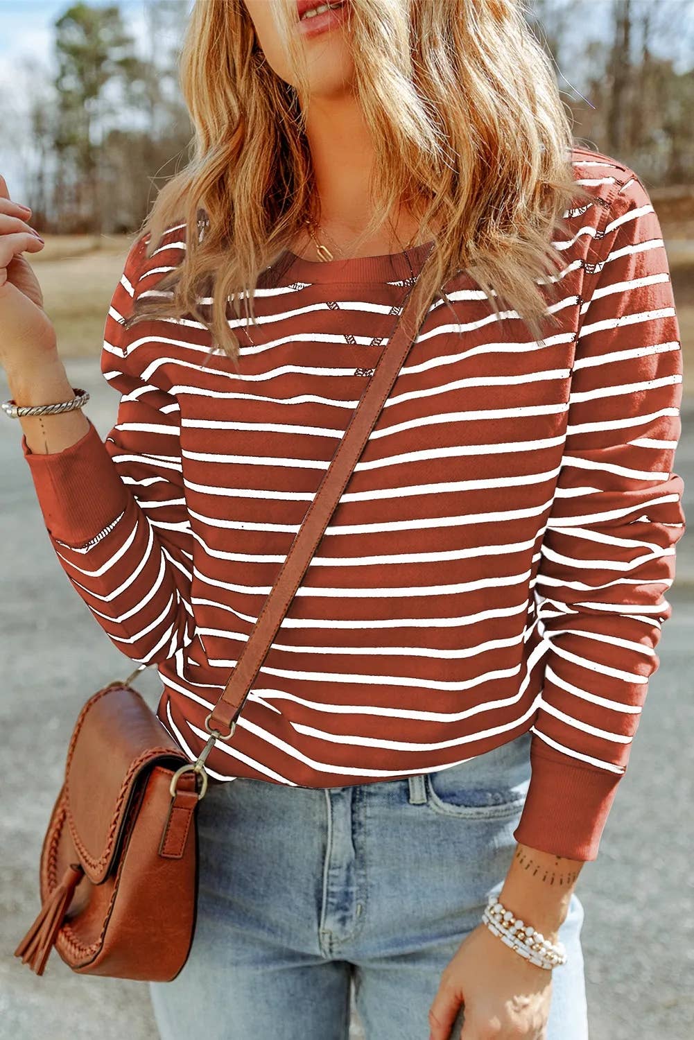 Casual Striped Print Ribbed Trim Long Sleeve Top:Blue