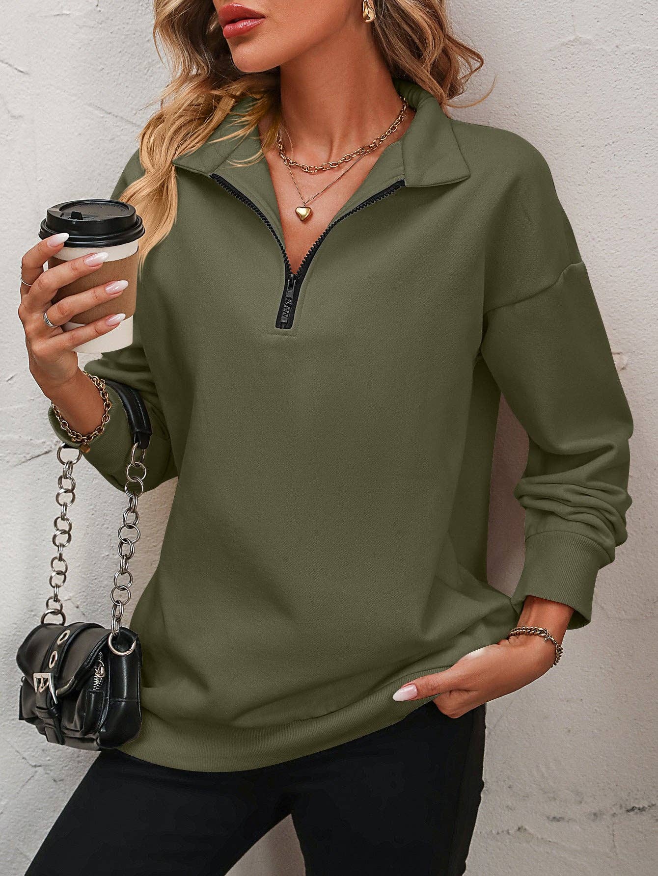 Semi-zipper Long-sleeved Sweatshirt: Light gray