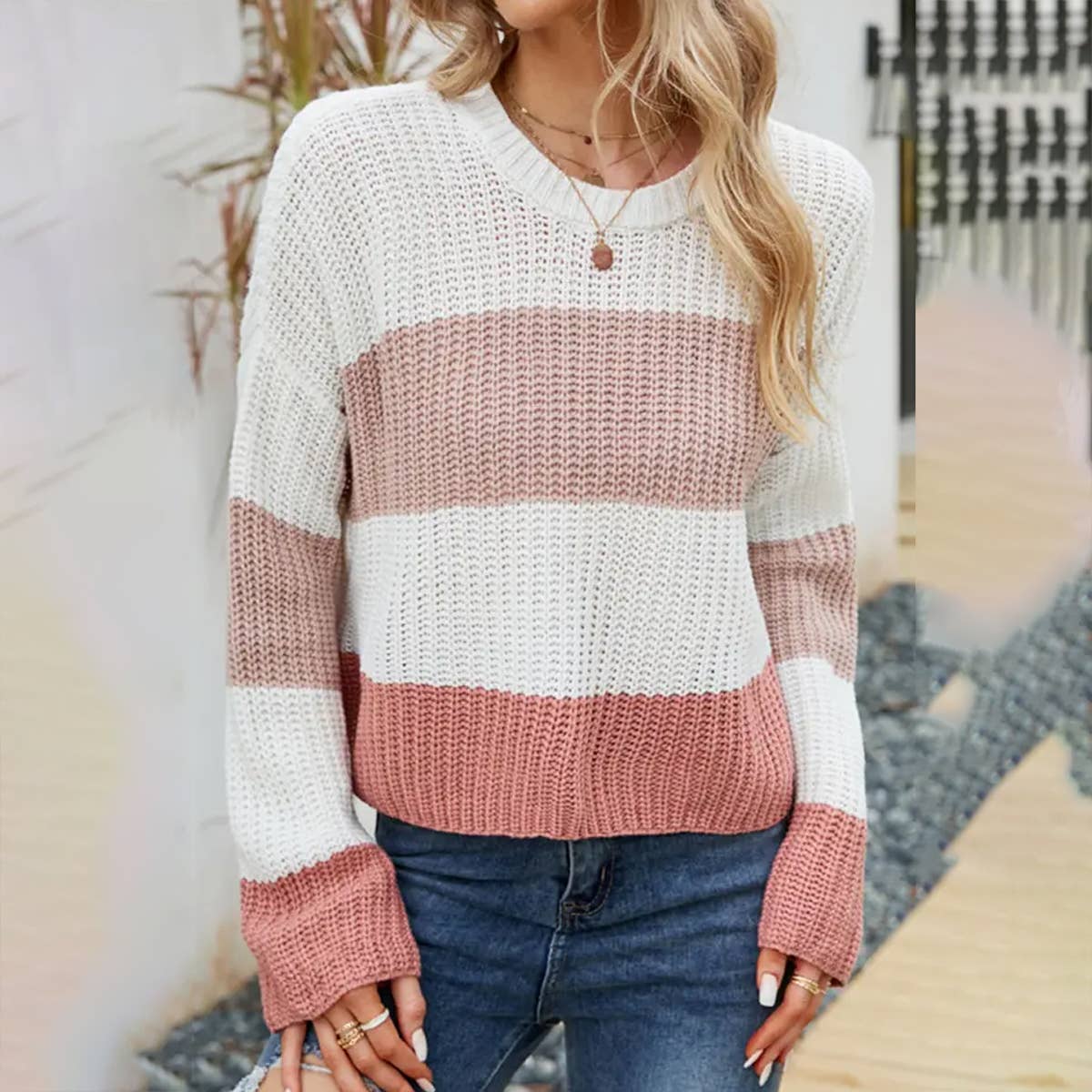 WOMEN CROCHET FISHERMAN KNITTED LOOSE SWEATER Pink