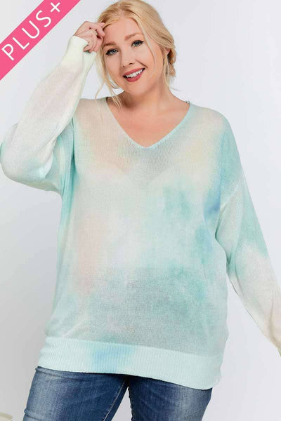 PLUS TIE DYE ACCENT V-NECK PULLOVER SWEATER TOP: Light Blue