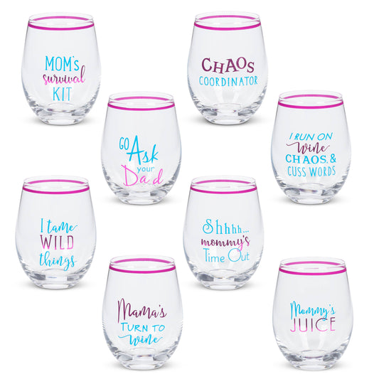Witty Mom Stemless Wine Glass. -- 8 Asst -- Open Window Box