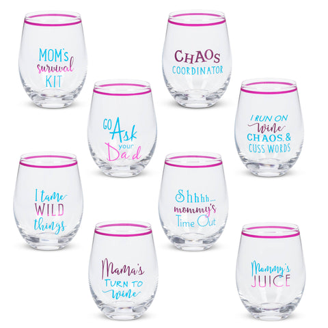 Witty Mom Stemless Wine Glass. -- 8 Asst -- Open Window Box